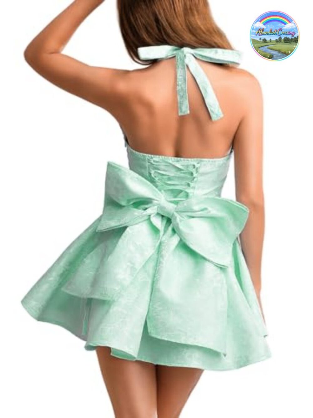 Jacquard Corset Dress Deep V Halter Mini Bow Back Sexy Formal